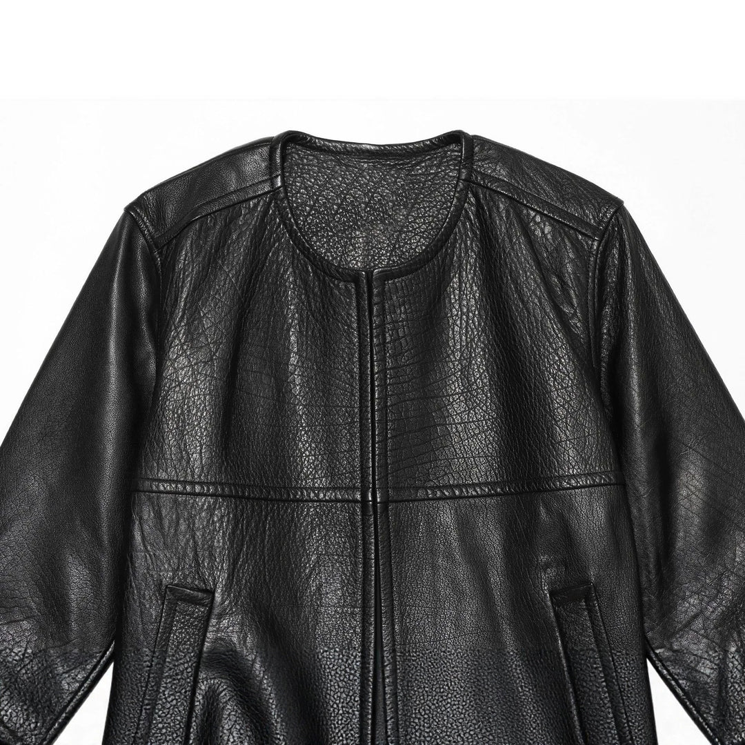 Damen Kurzarm-Lederimitatjacke mit Rundhalsausschnitt, geradem Schnitt und Eingrifftaschen Echo Archiv