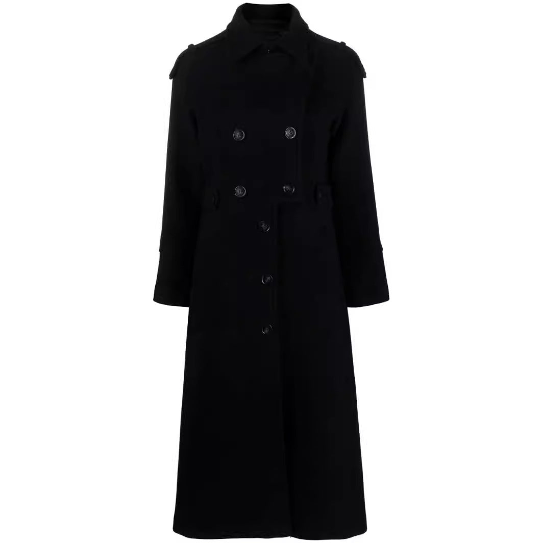 Damen Bodenlanger Doppelreihiger Trenchcoat aus Wollmix mit Schulterpatten und verdecktem Taillengürtel Echoarchiv