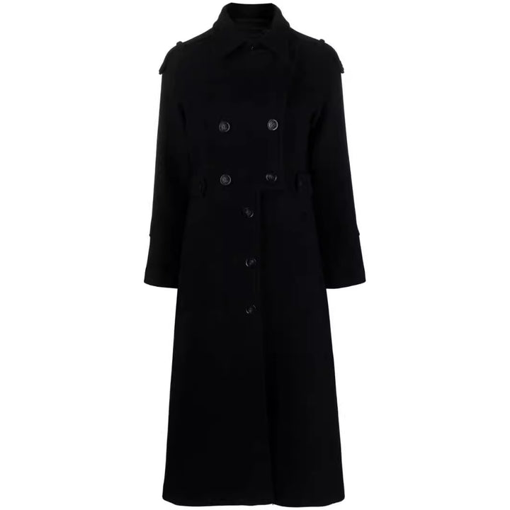 Damen Bodenlanger Doppelreihiger Trenchcoat aus Wollmix mit Schulterpatten und verdecktem Taillengürtel Echoarchiv