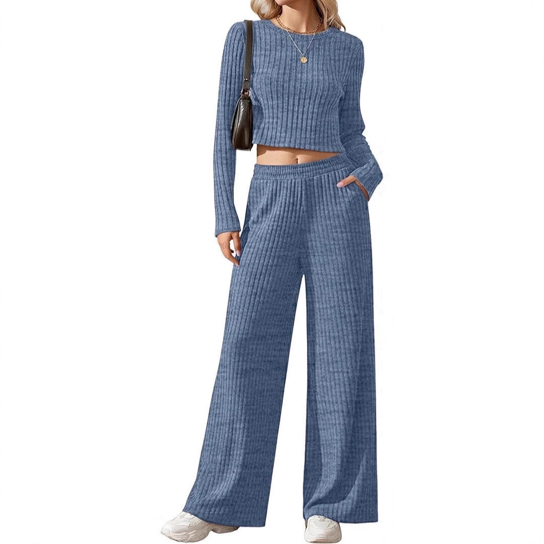 Damen Geripptes Feinstrick-Lounge-Set mit Cropped Langarmtop und High-Waist Palazzohose Echoarchiv