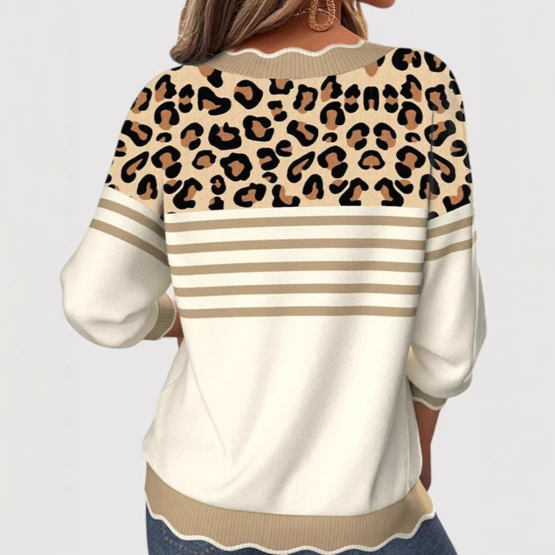Damen Modischer V-Pullover mit Leo-Print – Mavelle
