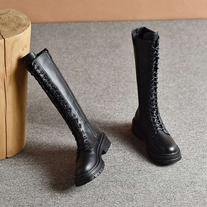 Damen Kniehohe Schnürstiefel mit seitlichem Reißverschluss und grober Profilsohle – Lioré