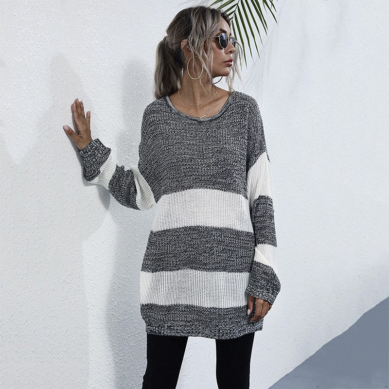 Damen Oversize Longpullover mit Blockstreifen und Rundhalsausschnitt Echoarchiv