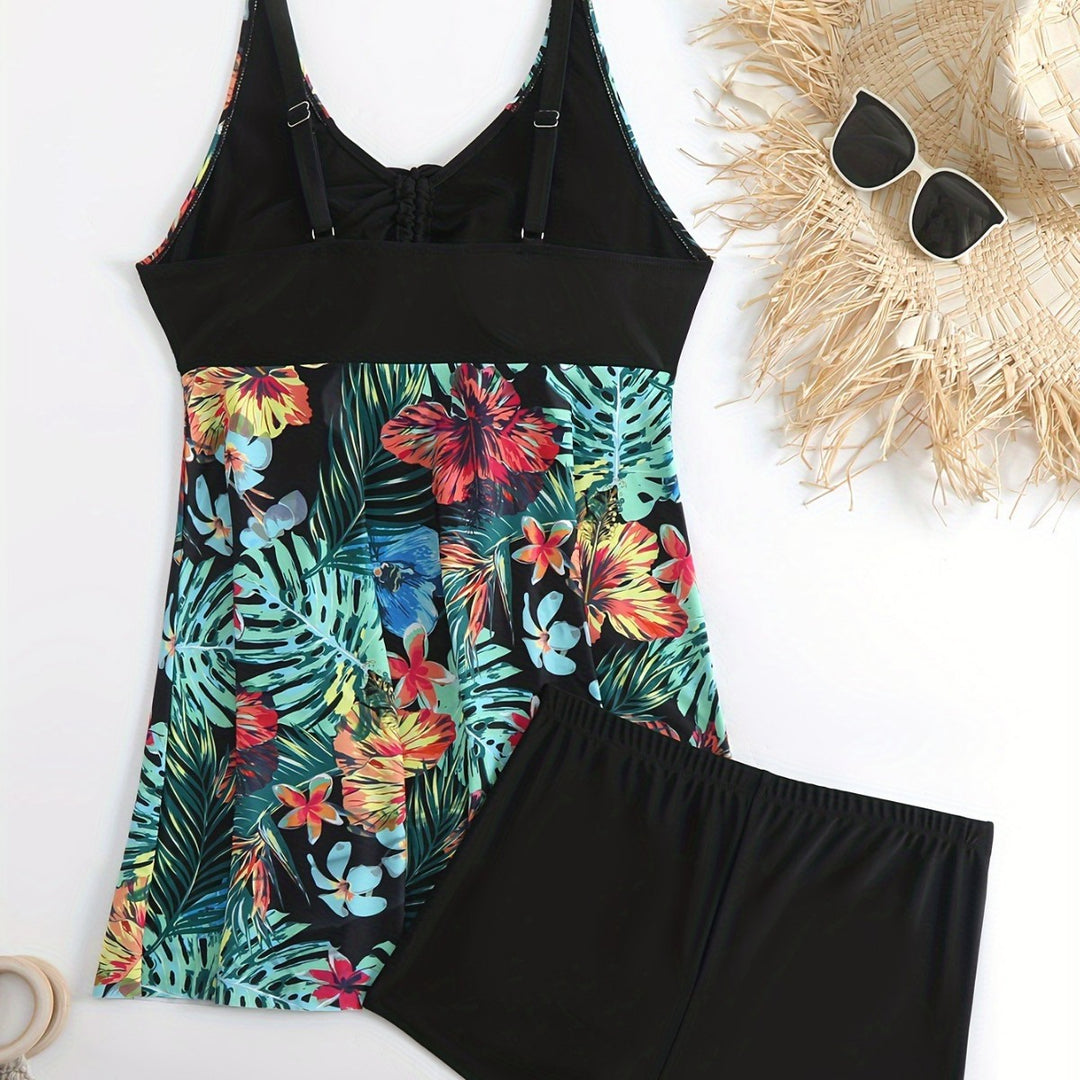 Damen Sportliches Badeanzug-Set mit floralem Seiteneinsatz Echo Archiv