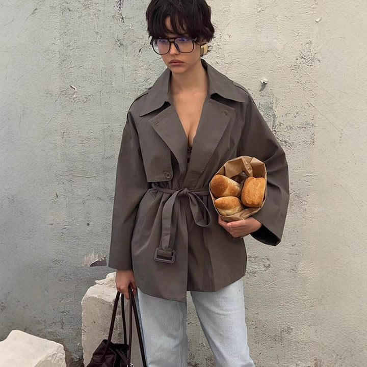 Damen Kurztrenchcoat mit Bindegürtel und Oversize-Ärmeln Echoarchiv