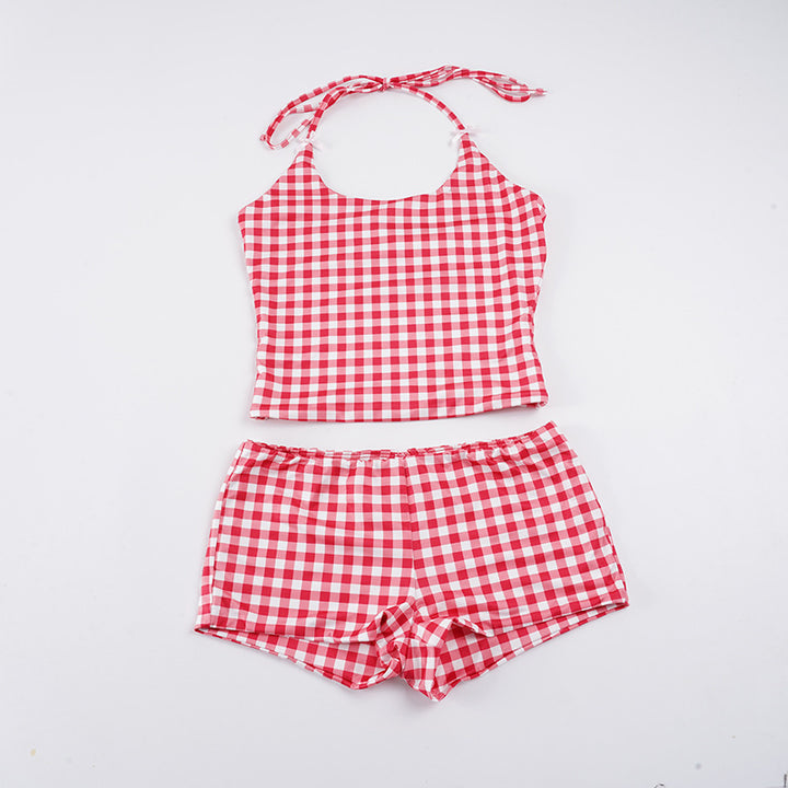 Damen Gingham Muster Badeanzug mit verstellbarem Halter Echo Archiv