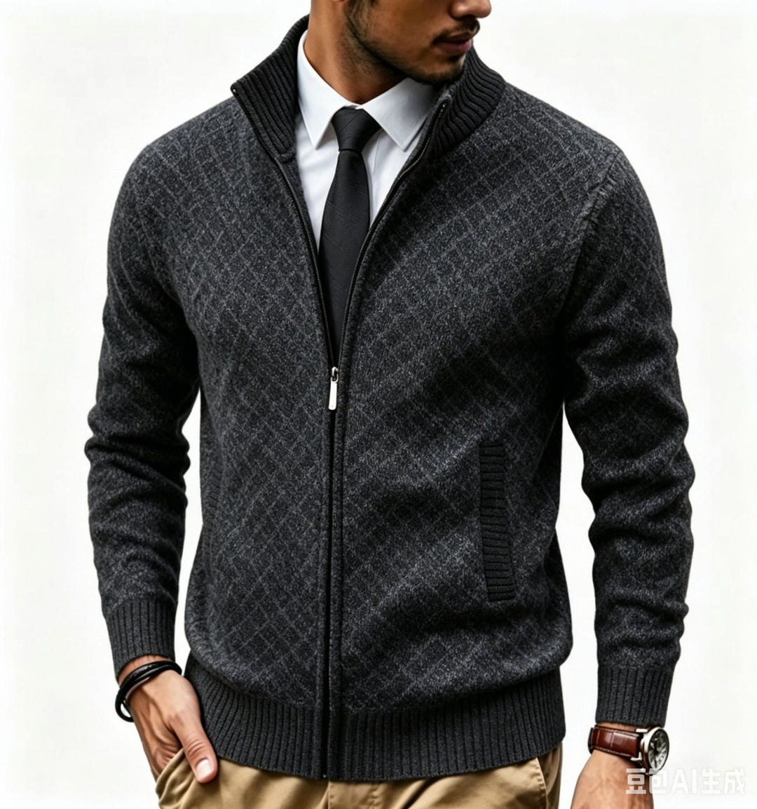 Herren Strukturierte Strickjacke mit Stehkragen und Diamant-Jacquard Echo Archiv