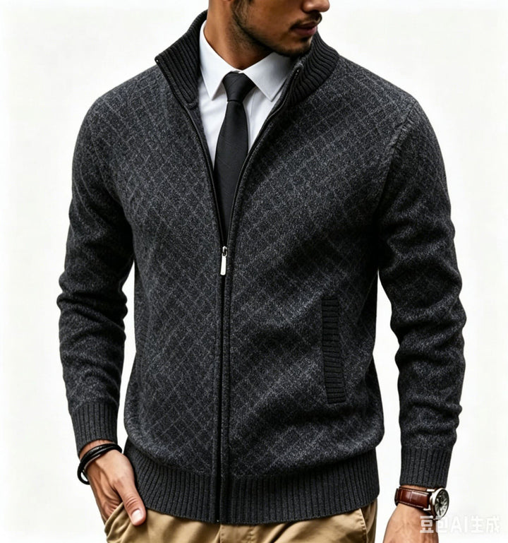 Herren Strukturierte Strickjacke mit Stehkragen und Diamant-Jacquard Echo Archiv