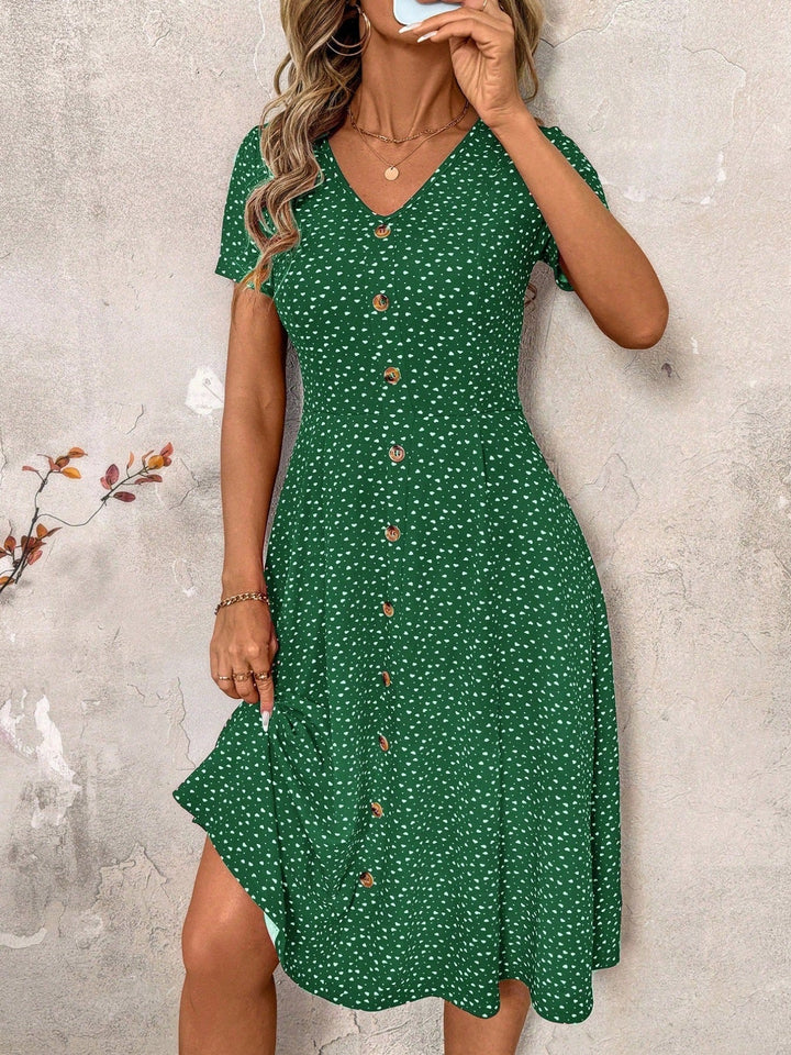 Damen Knielanges Kleid mit dekorativen Knöpfen und V-Ausschnitt Echoarchiv