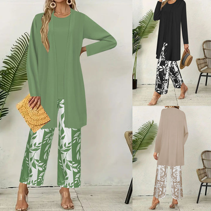 Damen Lang geschnittener offener Feinstrick-Cardigan mit geradem Saum und Palazzo-Hose im Blattprint Set – Élanora