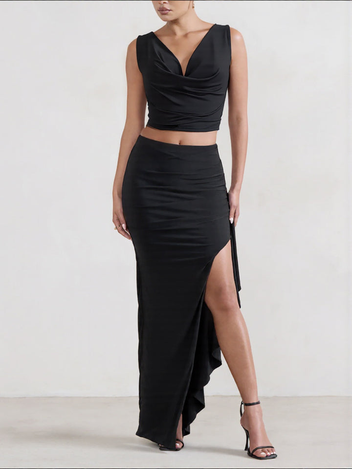 Damen Elegantes Crop-Top und Maxi-Rock Set mit hohem Schlitz Echo Archiv