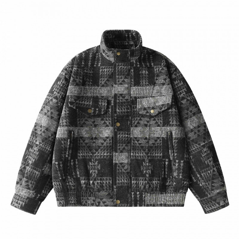 Unisex Kastenförmige Jacquard-Wolljacke im Bomberstil mit Stehkragen, Pattentaschen und elastischem Saum Echo Archiv