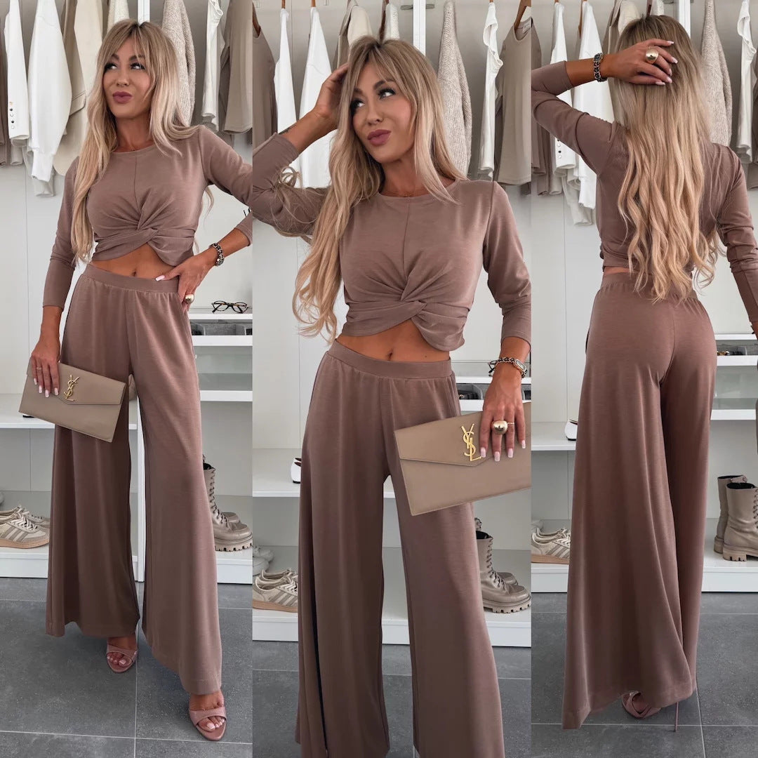 Damen figurnahes Twist-Cropped-Shirt mit weitem High-Waist Palazzo-Hose aus fließendem Jersey – Élanora