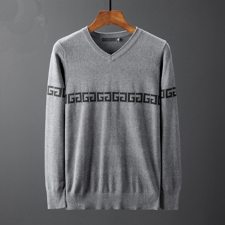 Herren Pullover mit V-Ausschnitt und dekorativem Muster Echoarchiv