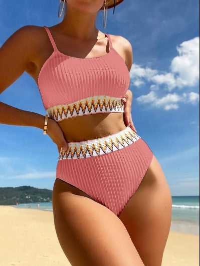 Damen Hochtailliertes Bikini-Set mit modischem Rippdesign und buntem Akzent Echo Archiv