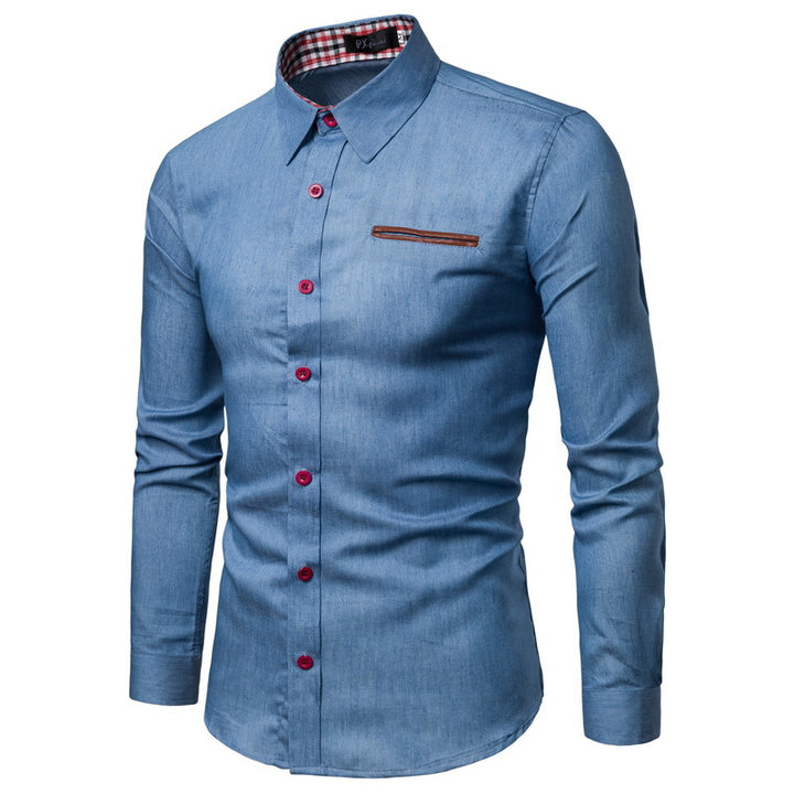 Herren nan Slim-Fit Denim-Hemd mit Brustleistentasche und kariertem Kragenfutter Echo Archiv