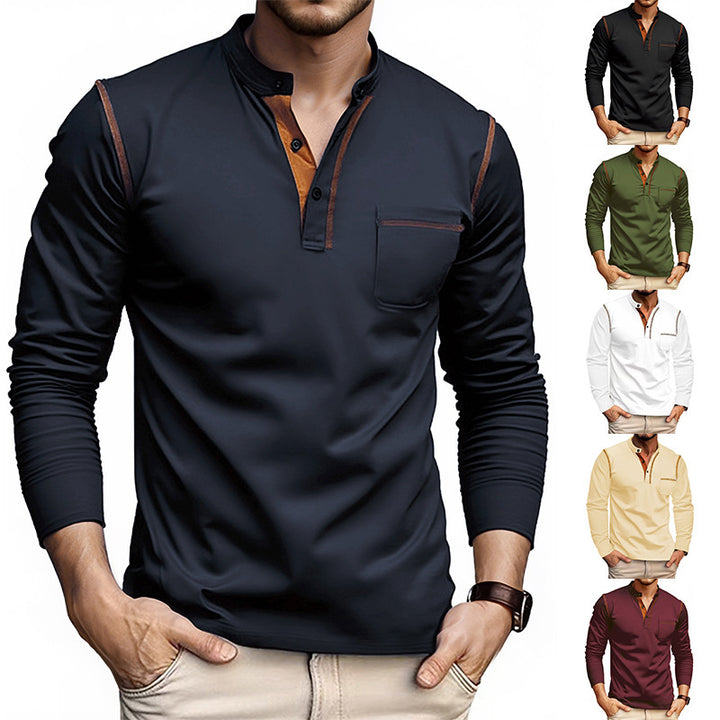 Herren nan Langarmshirt mit kurzer Knopfleiste Brusttasche und kontrastierenden Ziernähten Echo Archiv