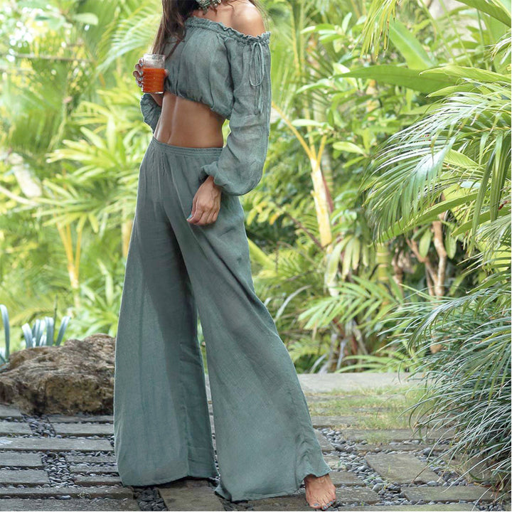 Damen Luftige Leinenhose mit breitem Beinausschnitt und elastischem Bund Echo Archiv