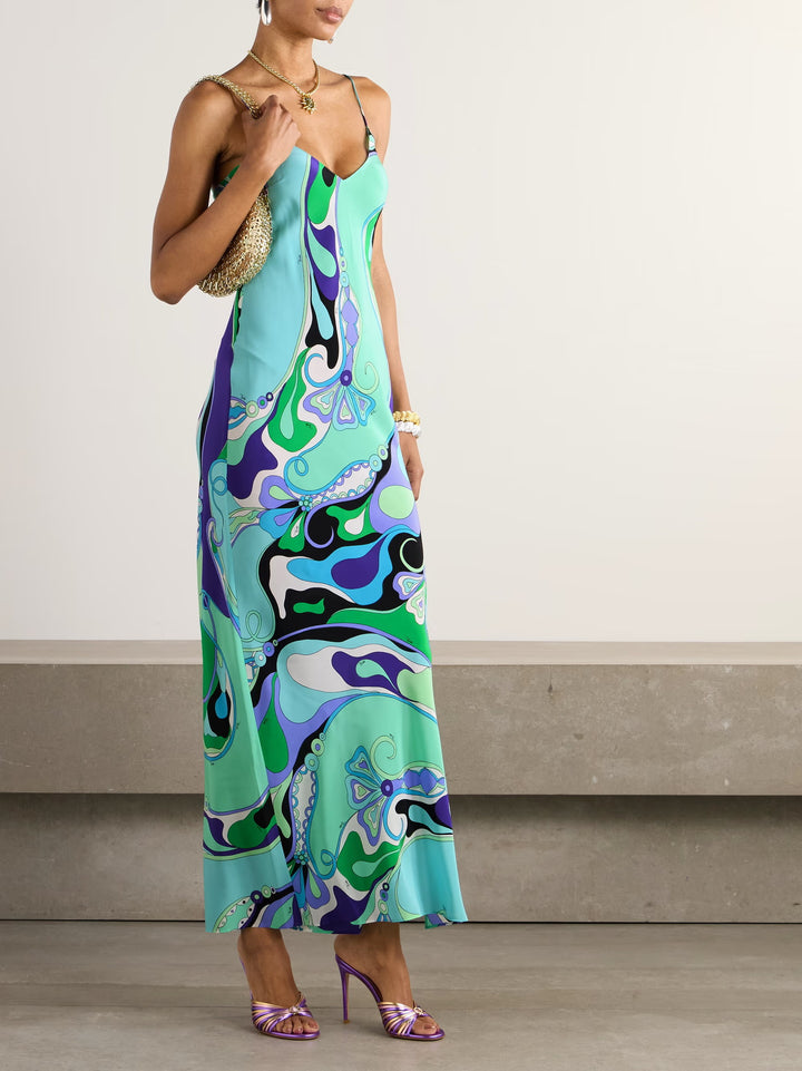 Damen nan elegantes Slip-Maxikleid mit V-Ausschnitt, filigranen Spaghettiträgern und retro-grafischem Allover-Print Echo Archiv