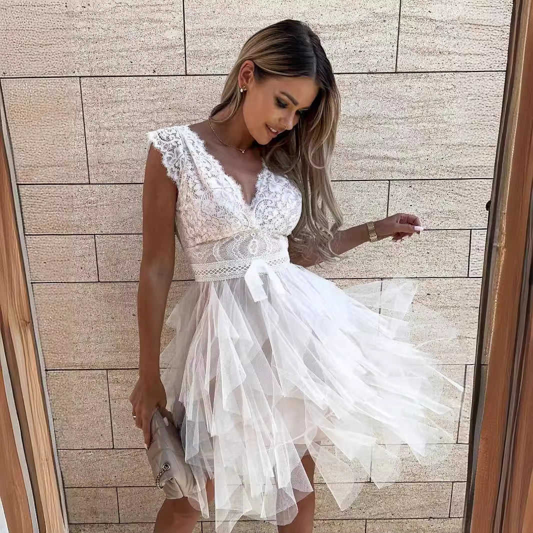 Echoarchiv | Süß Elegante Einfarbige Mesh V-Ausschnitt Ungleichmäßiges Kleid Kleider- 3 Farben