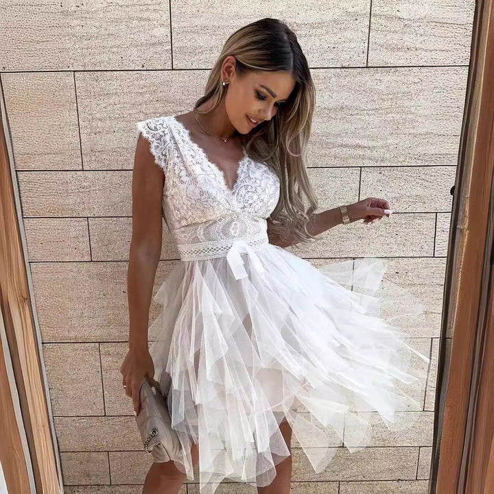 Echoarchiv | Süß Elegante Einfarbige Mesh V-Ausschnitt Ungleichmäßiges Kleid Kleider- 3 Farben