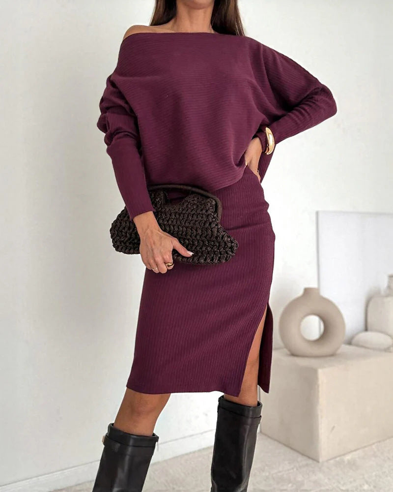 Damen Zweisitiges geripptes Strick-Set mit Off-Shoulder-Oversize-Pullover und tailliertem Midirock mit Seitenschlitz – Mavelle