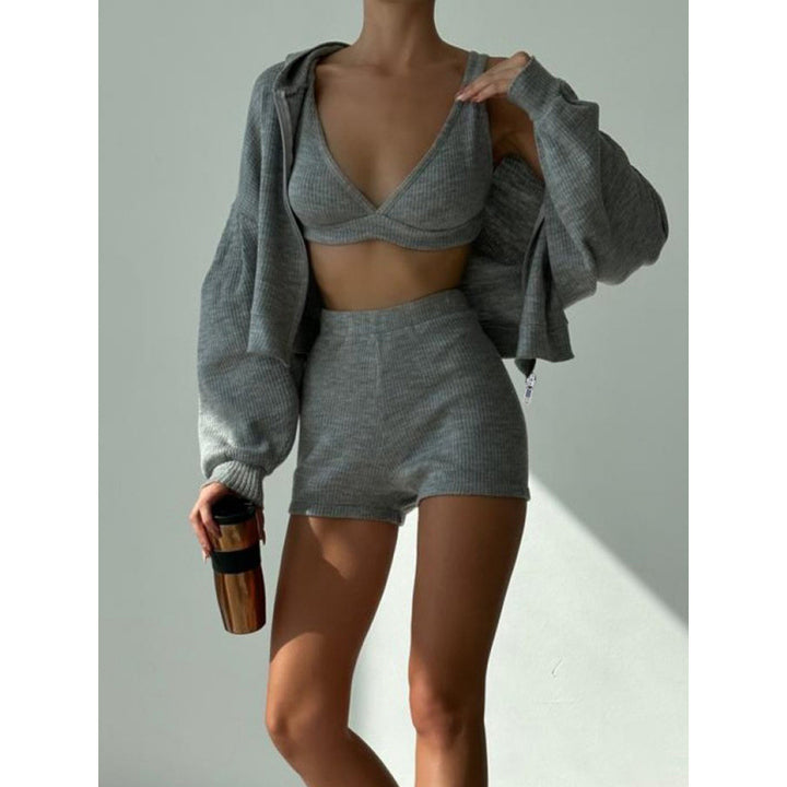 Damen nan kurzes geripptes Lounge-Set mit Kapuzen-Zipjacke und Highwaist-Shorts Echo Archiv