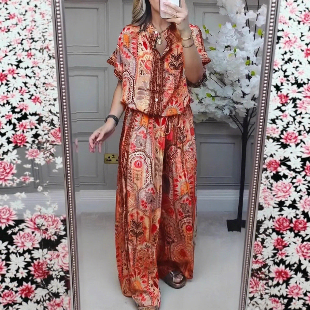 Damen nan Boho-Zweiteiler aus leichter Viskose mit Kurzarmbluse Knopfleiste Kordelbund und weitem Palazzohose Echo Archiv