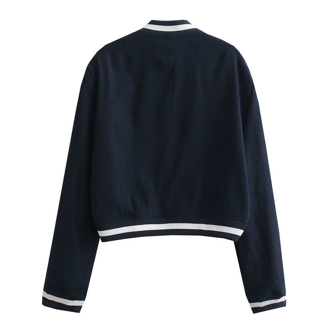 Damen Kurz geschnittene Collegejacke mit Rippbündchen und Druckknöpfen – Célinea