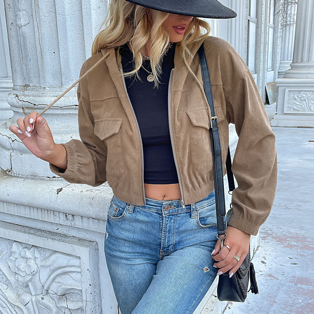 Damen Lässige Cordjacke mit Kapuze Echo Archiv