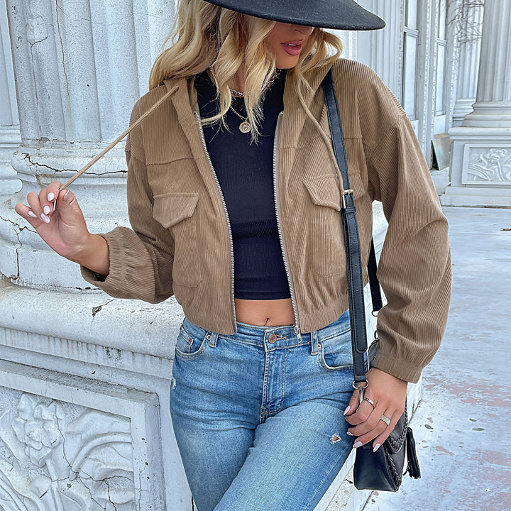 Damen Lässige Cordjacke mit Kapuze Echo Archiv