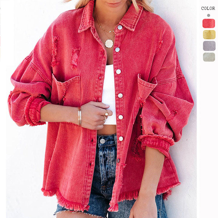 Damen nan oversized Jeansjacke mit Fransen, distressed Details und Druckknöpfen Echo Archiv
