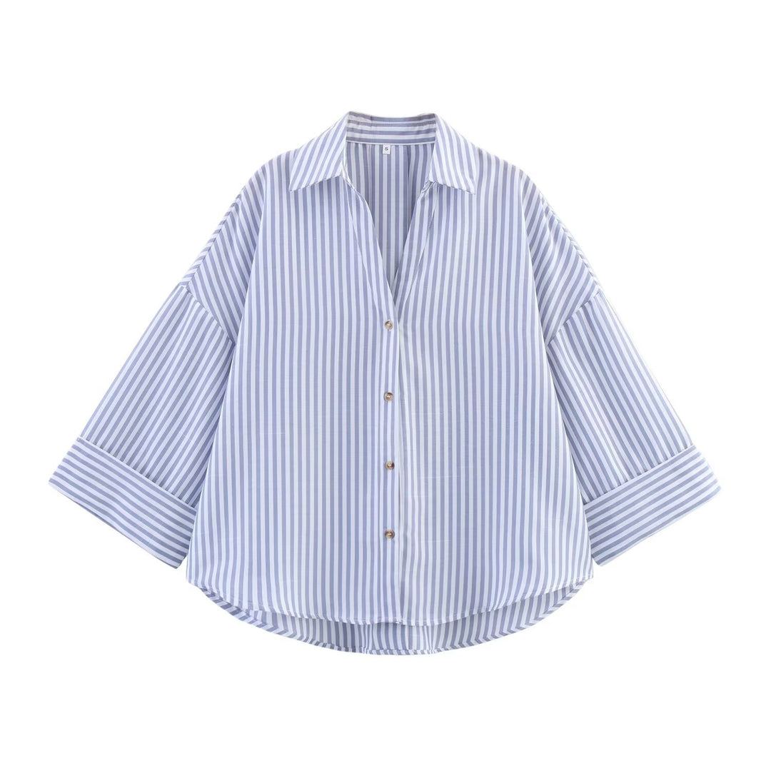 Damen nan oversized Streifen-Hemdbluse mit überschnittener Schulter, 3/4-Ärmel und verlängertem Rückensaum Echo Archiv
