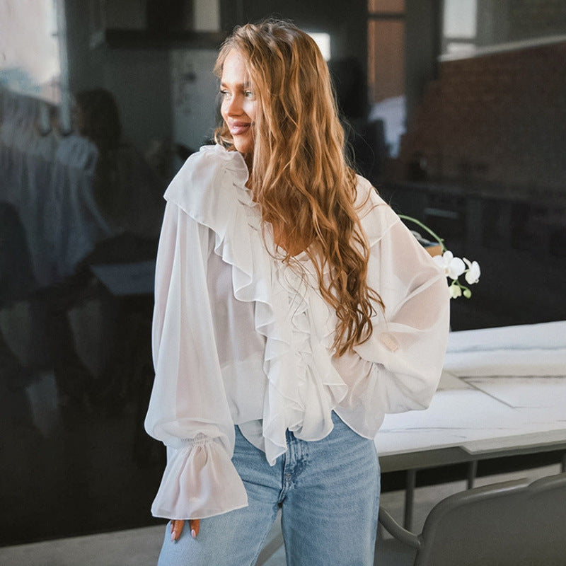 Damen Luftige Rüschenbluse aus Chiffon mit Oversize-Schnitten Echoarchiv