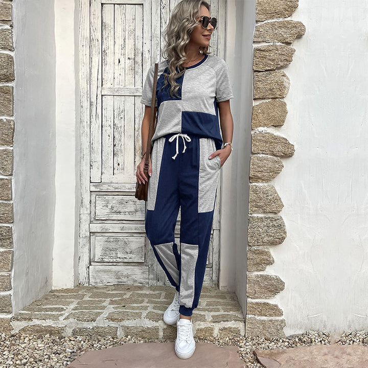 Damen Zweiteiler Freizeit-Set aus Baumwollmix mit Colorblock-Shirt und Jogginghose – Élanora