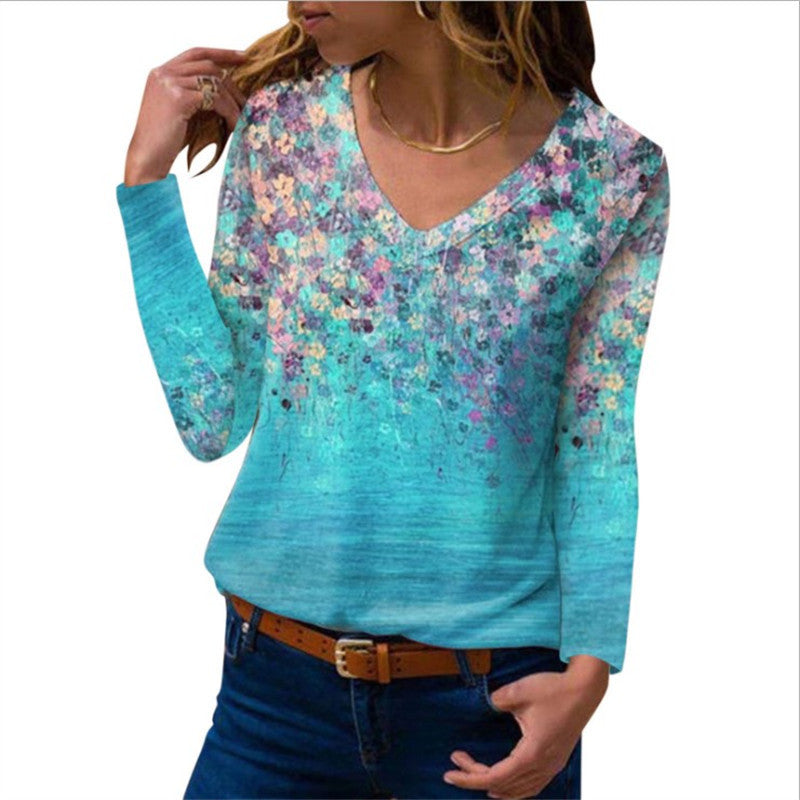 Damen Langarm V-Ausschnitt-Tunika mit floralem Aquarellprint und leichter Jersey-Qualität Echo Archiv