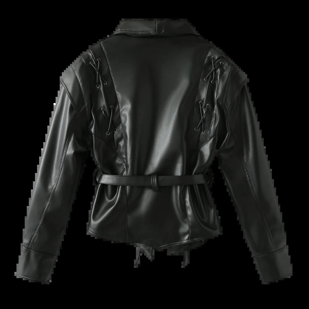 Damen Veloursoptik Blazerjacke mit Schalkragen, Schnürbesatz an den Schultern und taillierendem Bindegürtel – Valéne