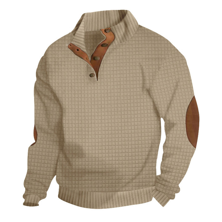 Herren Strukturiertes Waffelstrick-Henleypullover mit Lederbesatz & Ellbogenpatches – Marzano