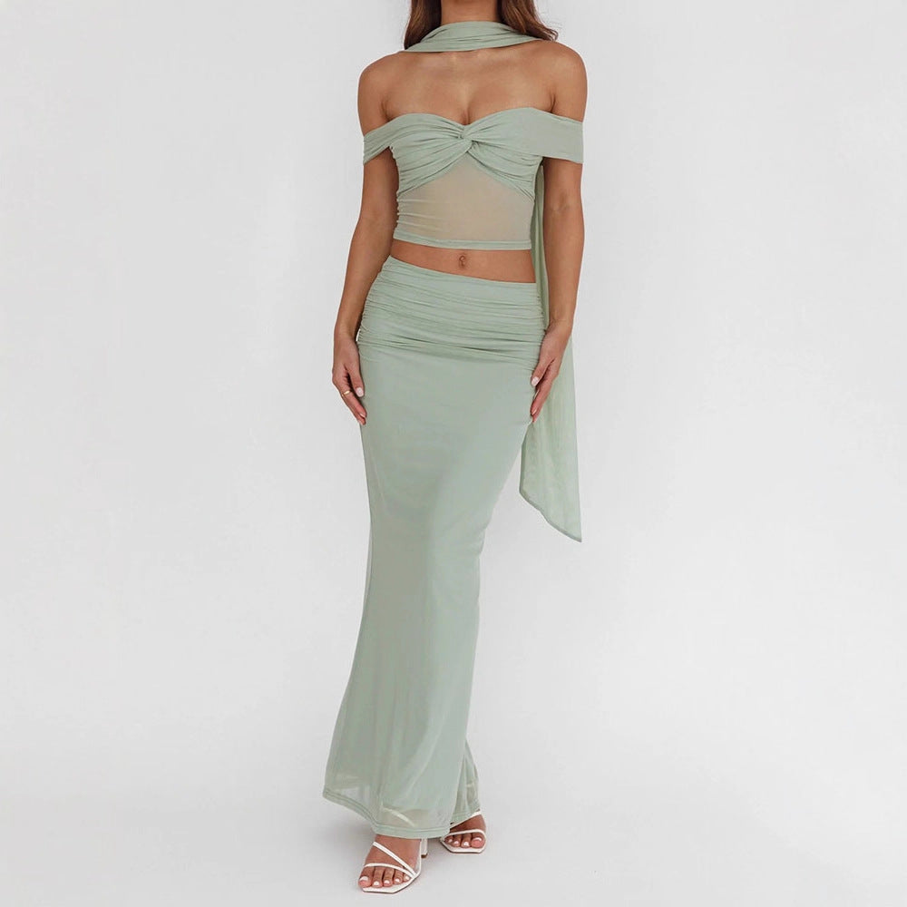 Damen elegantes Wickelkleid mit schulterfreiem Oberteil und drapierter Silhouette Echo Archiv