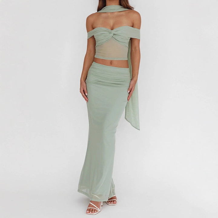 Damen elegantes Wickelkleid mit schulterfreiem Oberteil und drapierter Silhouette Echo Archiv