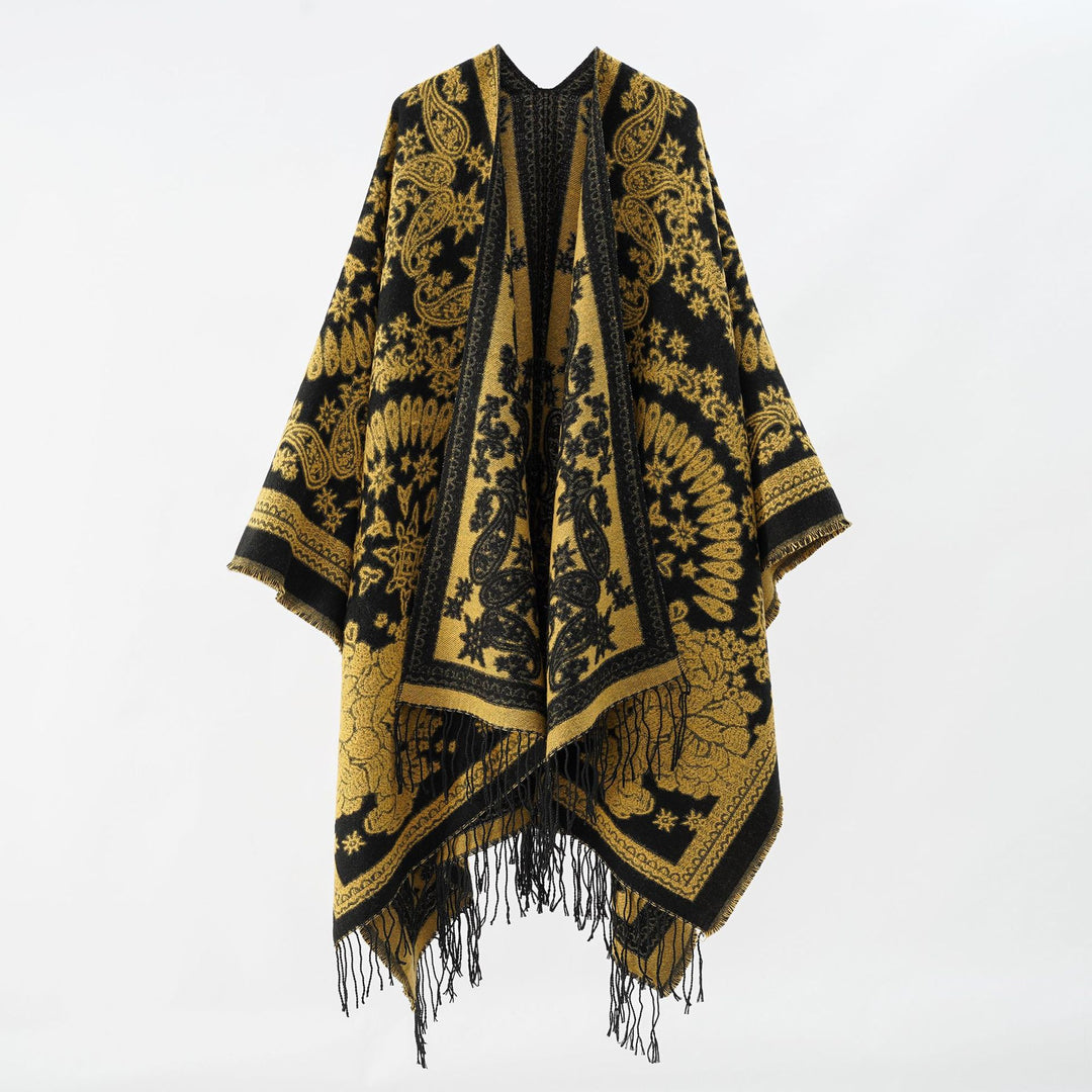 Damen Jacquard-Umhangponcho aus Wollmix mit beidseitigem Paisley-Jacquard und Fransen – Célinea