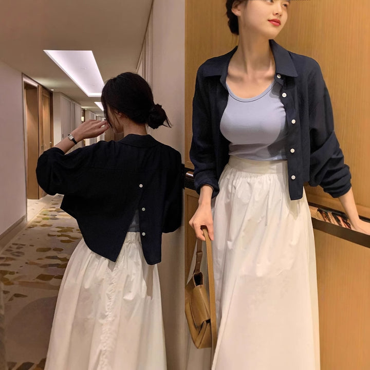 Damen Cropped Oversize-Hemdbluse aus Leinenoptik mit Rückenschlitz und Zierknopfleiste – Élovi