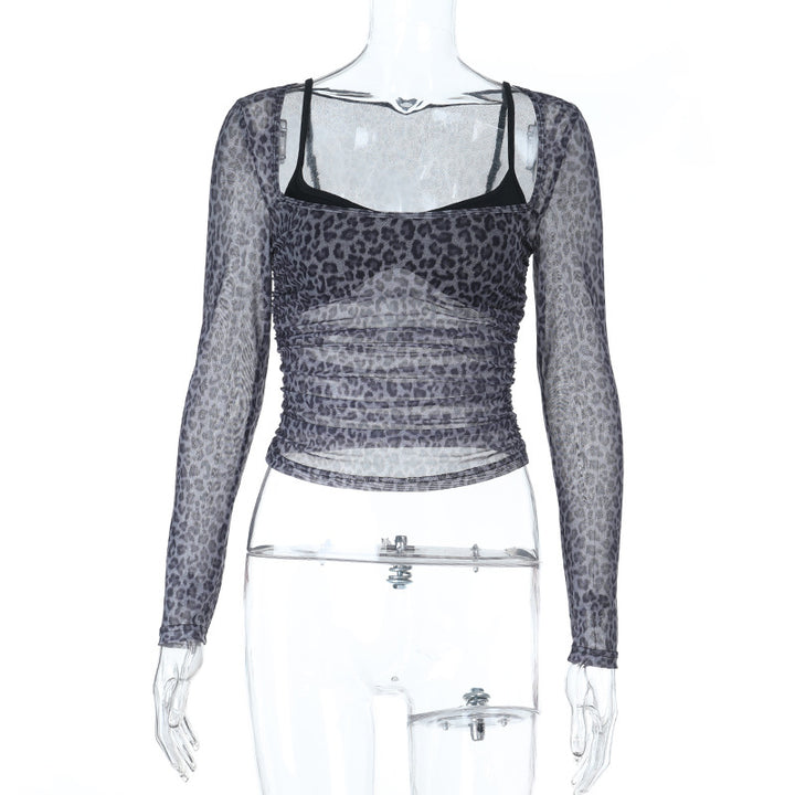 Damen transparentes Langarm-Top mit Leopardenmuster und eleganten Rüschen Echo Archiv