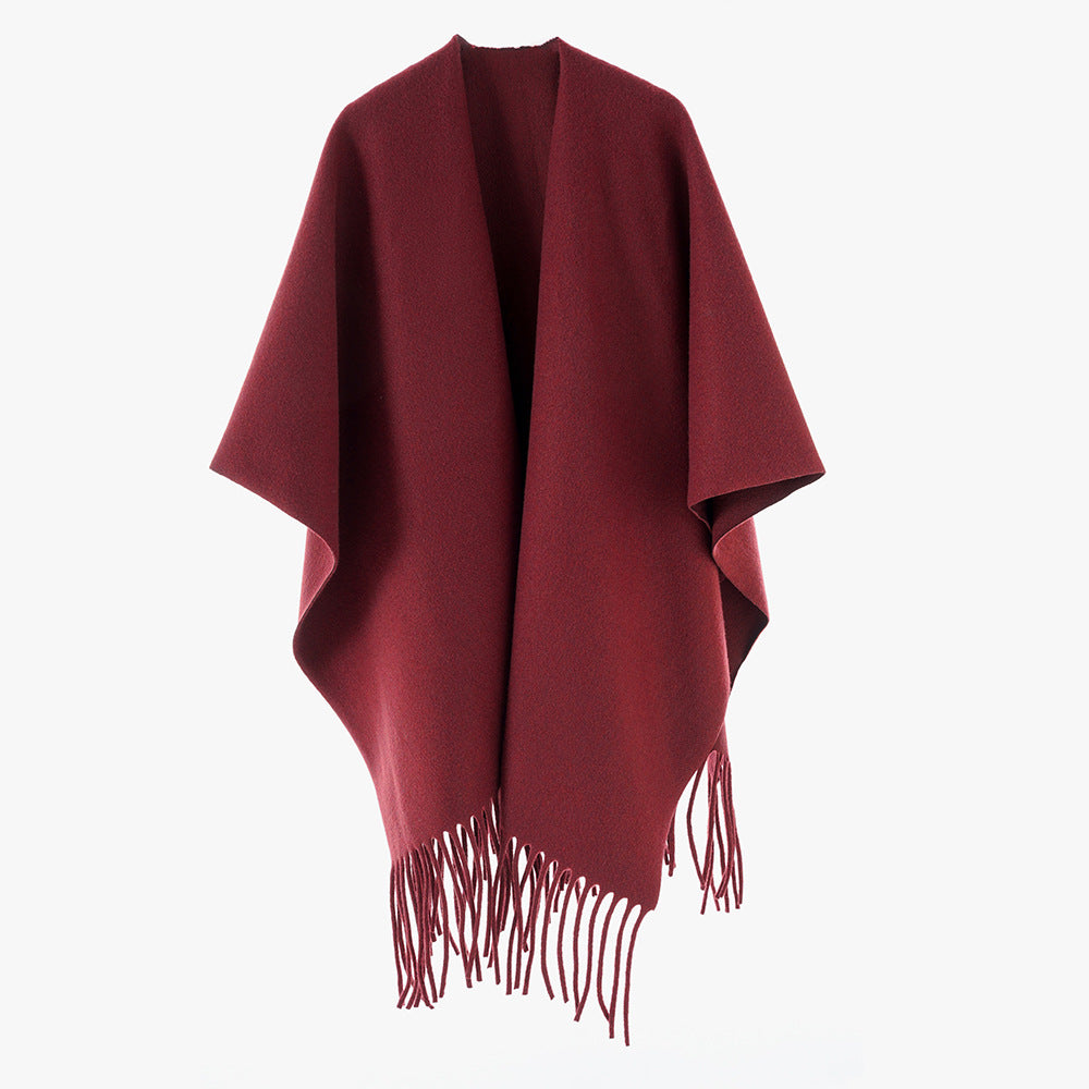 Damen Minimalistischer Wollcape-Überwurf mit Fransensaum und offenem Fall Echo Archiv