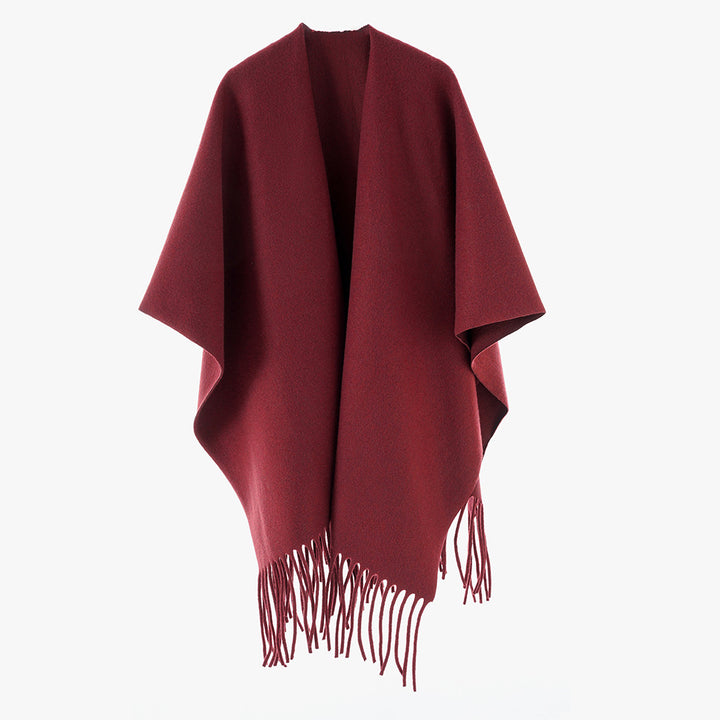 Damen Minimalistischer Wollcape-Überwurf mit Fransensaum und offenem Fall Echo Archiv