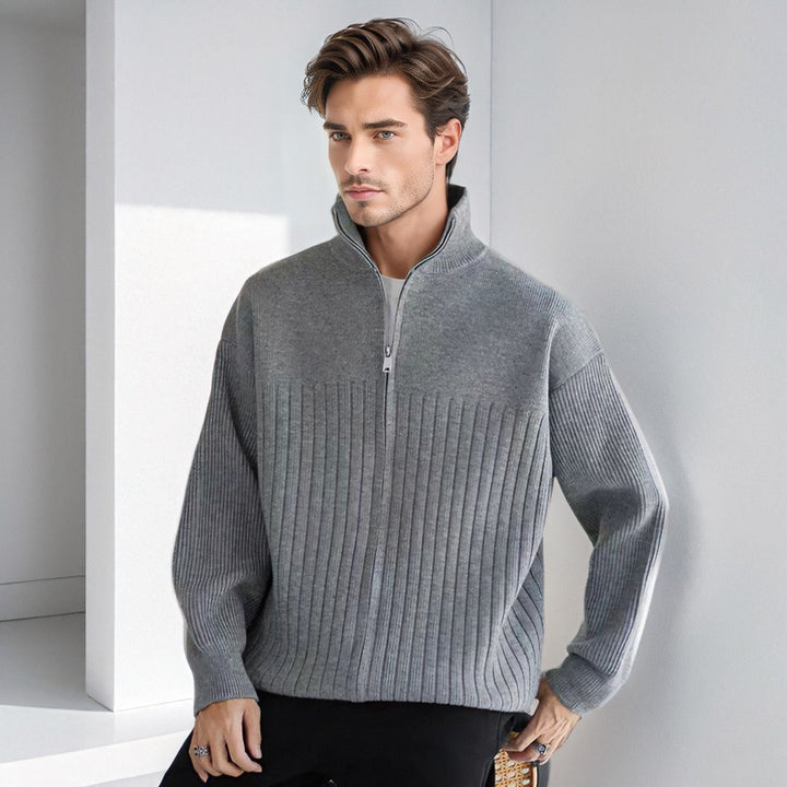Herren Halbzip-Strickpullover mit hohem Stehkragen und breitem Rippenmuster Echoarchiv