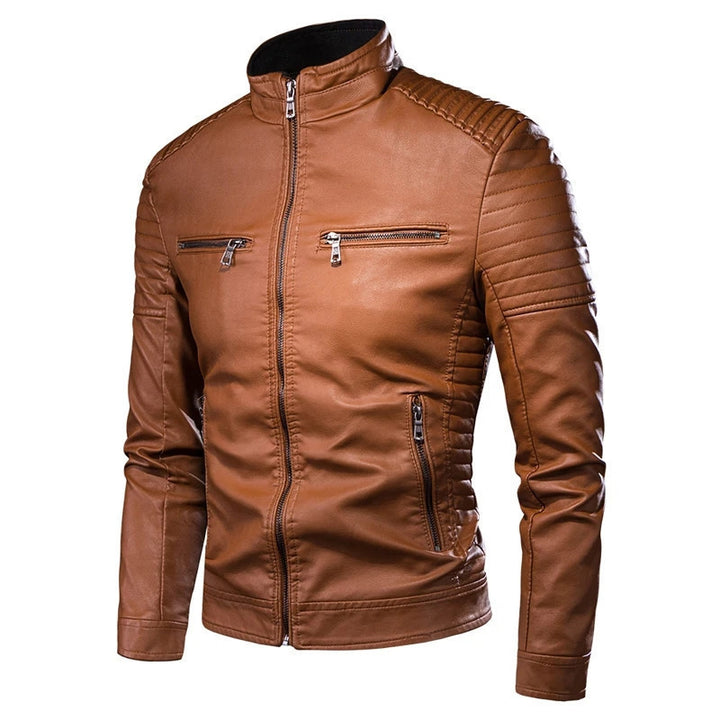 Herren Slim-Fit Biker-Lederjacke mit Stehkragen und gesteppter Schulterpartie Echoarchiv