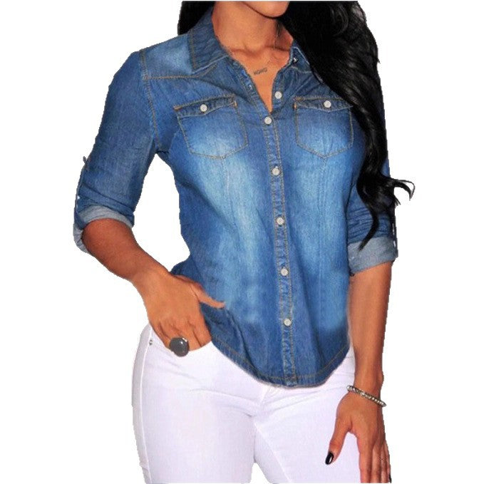 Damen taillierte Denim-Hemdbluse mit Brusttaschen und Perlmuttknöpfen Echo Archiv