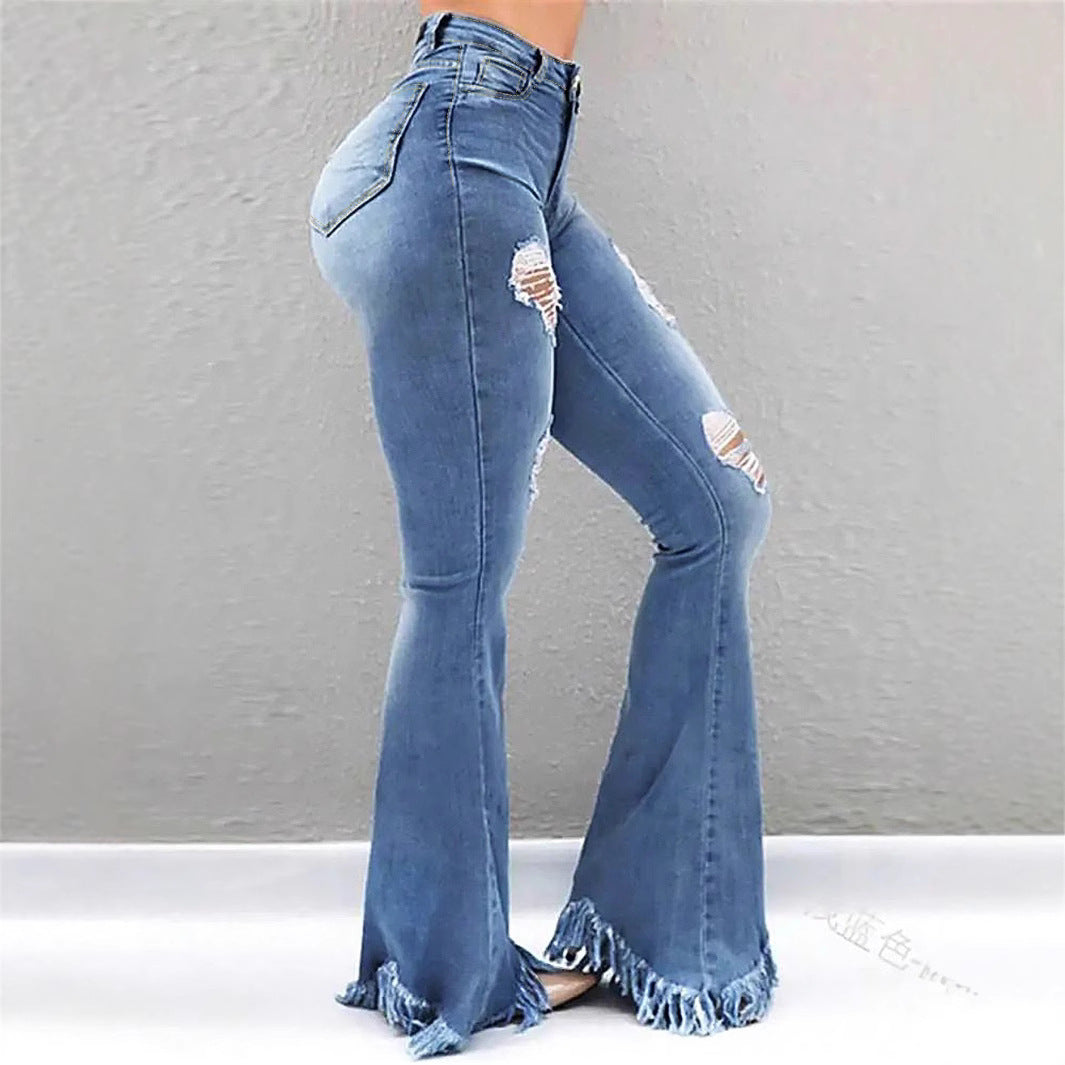 Damen High-Waist Flared-Jeans mit sculptendem Schnitt, Destroyed-Kniepartien und fransigem Volant-Saum Echo Archiv