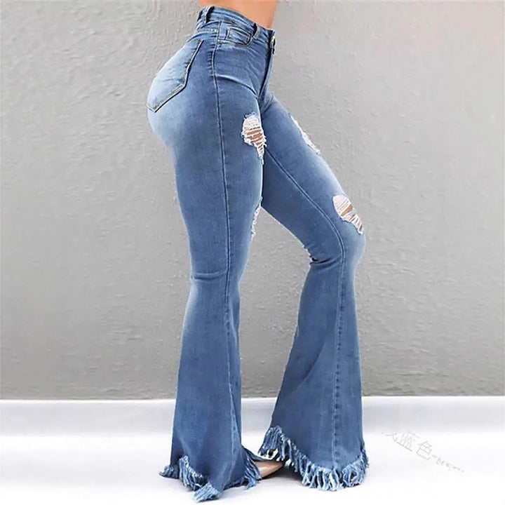Damen High-Waist Flared-Jeans mit sculptendem Schnitt, Destroyed-Kniepartien und fransigem Volant-Saum Echo Archiv